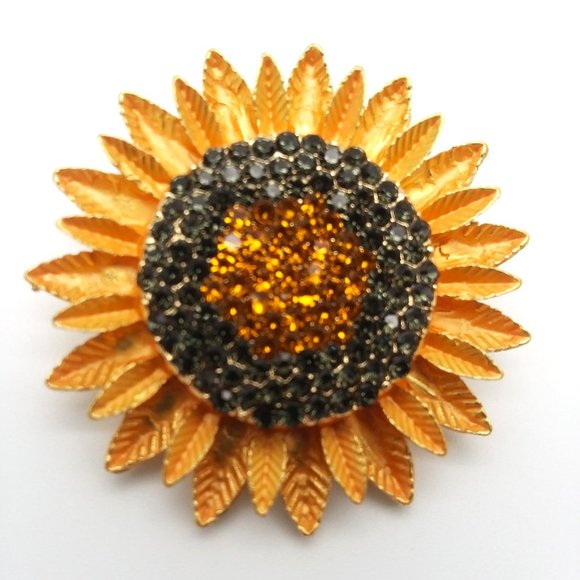 Sunflower Brooch Enamel Rhinestone Pin Stylish Glam Fashion Summer Sunshine - Picture 4 of 4
